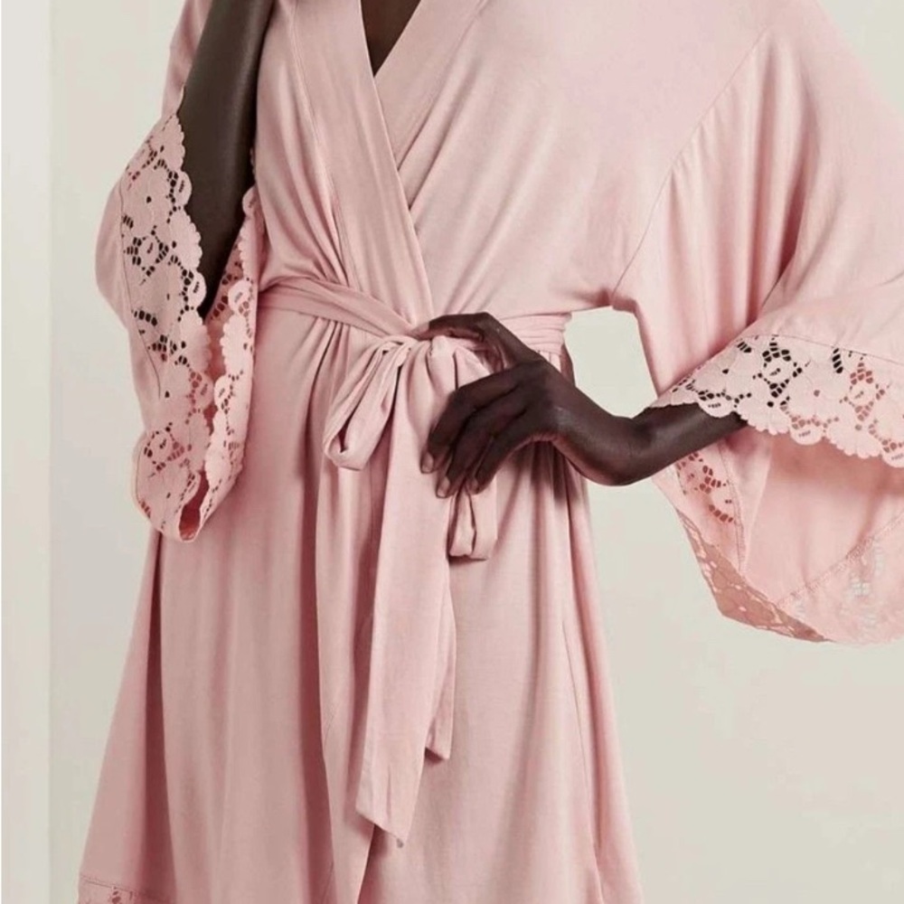 $148 Eberjey Women's Pink(peachy) Lace Knit Kimono Sleeve Self-Tie Naya Robe  S